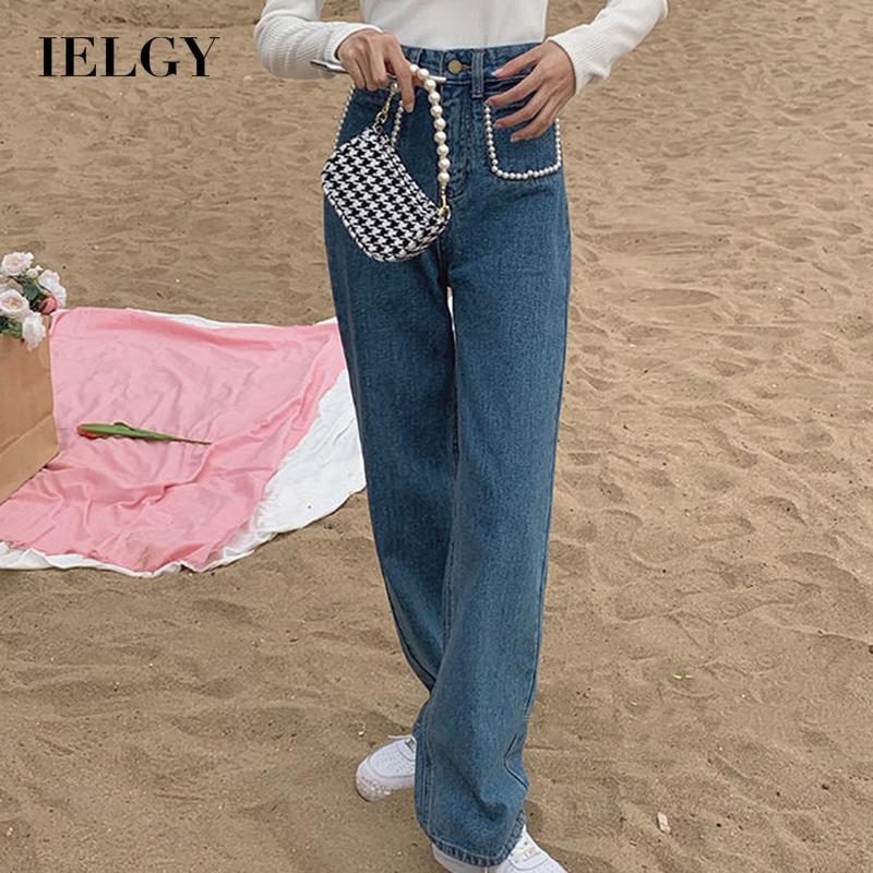 Quần denim IELGY lưng cao đính ngọc trai nhân tạo phong cách retro cho nữ