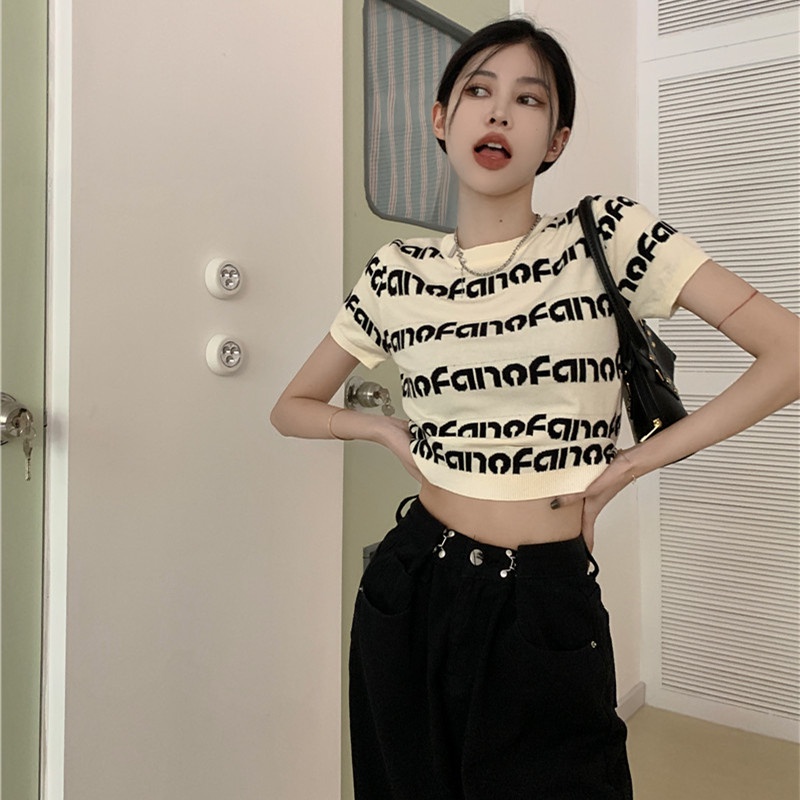 Áo Thun Lửng Ngắn Tay In Chữ Thời Trang Cho Nữ