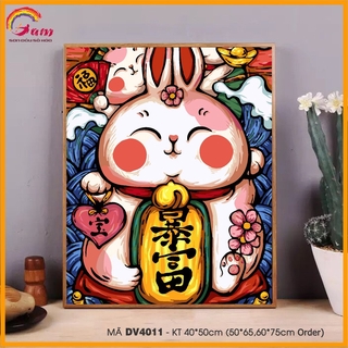 Tranh sơn dầu số hóa tự tô màu theo số thỏ may mắn chiêu phúc phú quý DV4011