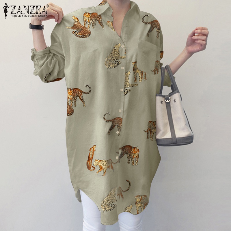 Áo sơ mi Zanzea dáng rộng in họa tiết báo thời trang đơn giản dành cho nữ