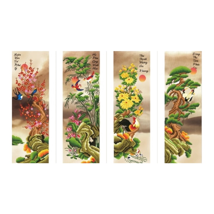 Tranh thêu tứ quý KT:125x78cm,Tranh chưa thêu.tặng kéo và xỏ chỉ.