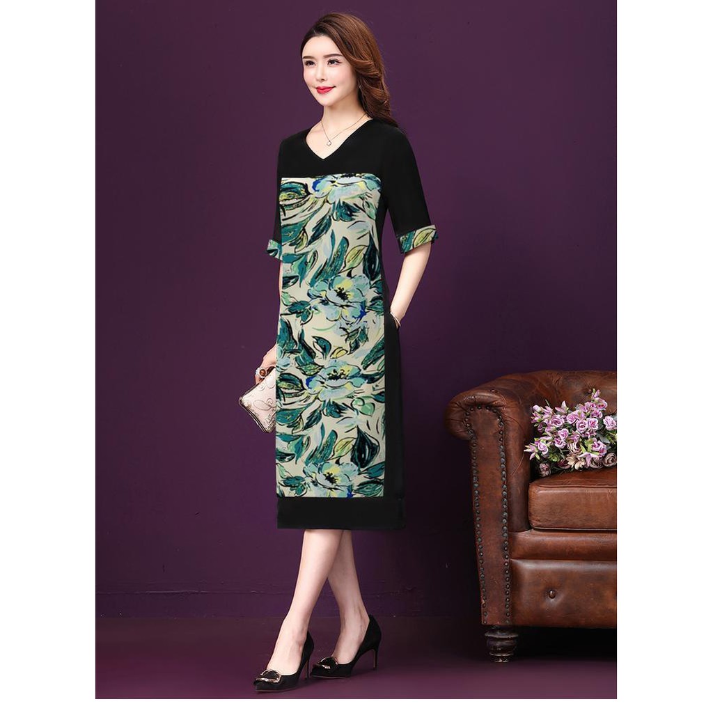 HÌNH THẬT –  THỜI TRANG TRUNG NIÊN - ĐẦM SUÔNG TRUNG NIÊN BIGSIZE KIỂU ĐẦM SUÔNG TUỔI TRUNG NIÊN ĐẮP IN HOA XANH D3277