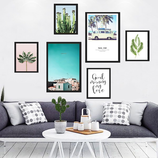 Tranh treo tường, set 6 tranh dán tường TROPICAL dày 5mm, có sẵn keo 2 mặt, trang trí phòng ngủ, phòng khách