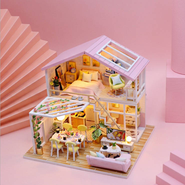 Mô hình nhà DIY Doll House Sweet Time Kèm Mica Chống bụi, Bộ dụng cụ và Keo dán