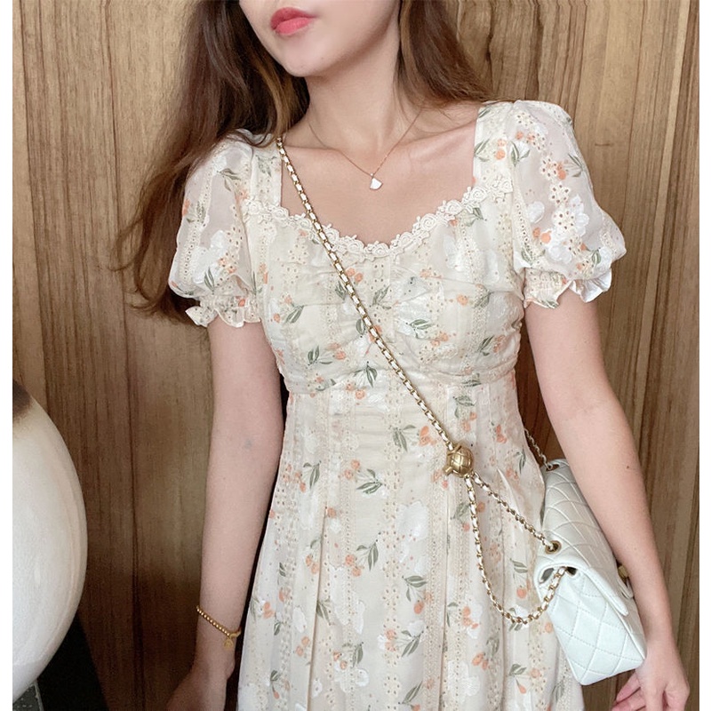 Đầm Cổ Vuông Nhấn Eo Họa Tiết Hoa Phong Cách Pháp Cổ Điển Thời Trang Mùa Hè Mới Dành Cho Nữ