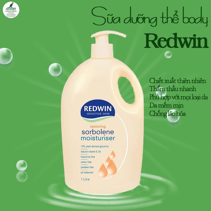 Sữa dưỡng thể REDWIN Sensitive Skin Sorbolene Moisturiser Vitamin E 1 lít dưỡng ẩm và làm sáng da toàn thân