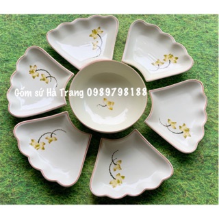 Set đĩa hoa mặt trời gốm sứ Bát Tràng vẽ sen xanh