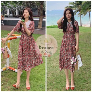 [Ảnh thật] Đầm midi đỏ hoa nhí cổ sen phối ren vintage