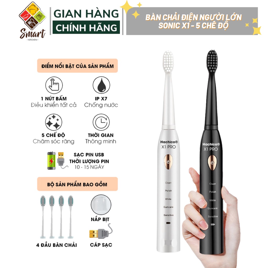 Bàn chải điện người lớn, máy vệ sinh chăm sóc răng miệng Sonic 5 chế độ xả nước, tặng kèm 4 đầu thay thế, sạc pin
