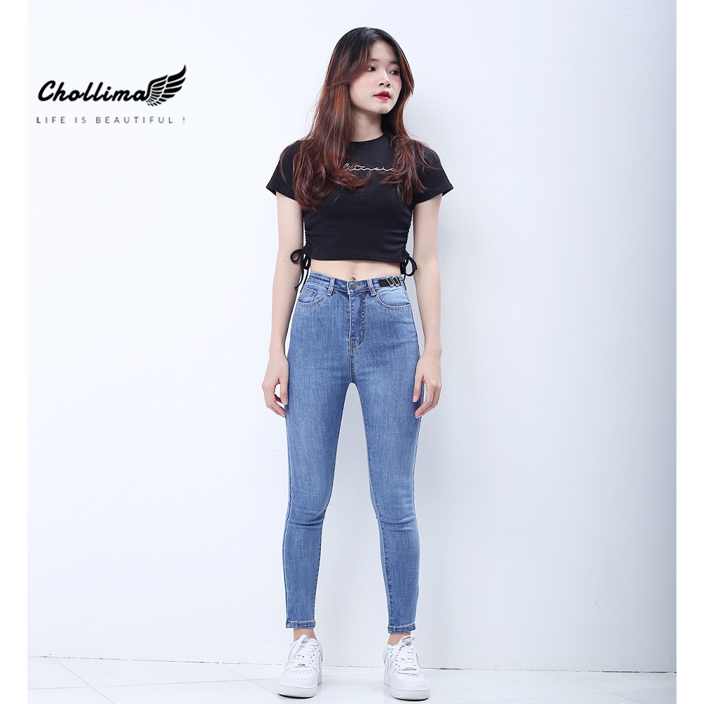 Quần jeans dài nữ co giãn Chollima cạp thường phối dây nịt đen màu xanh nhạt QD031