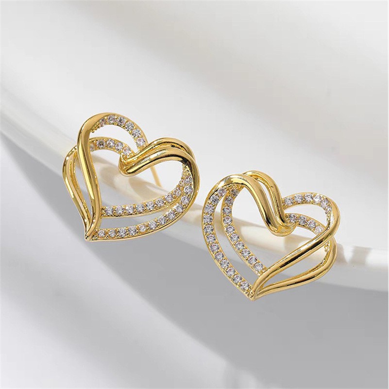 Bông Tai Mạ Bạc 925 Đính Đá Hình Trái Tim Đôi Xinh Xắn Cho Nữ