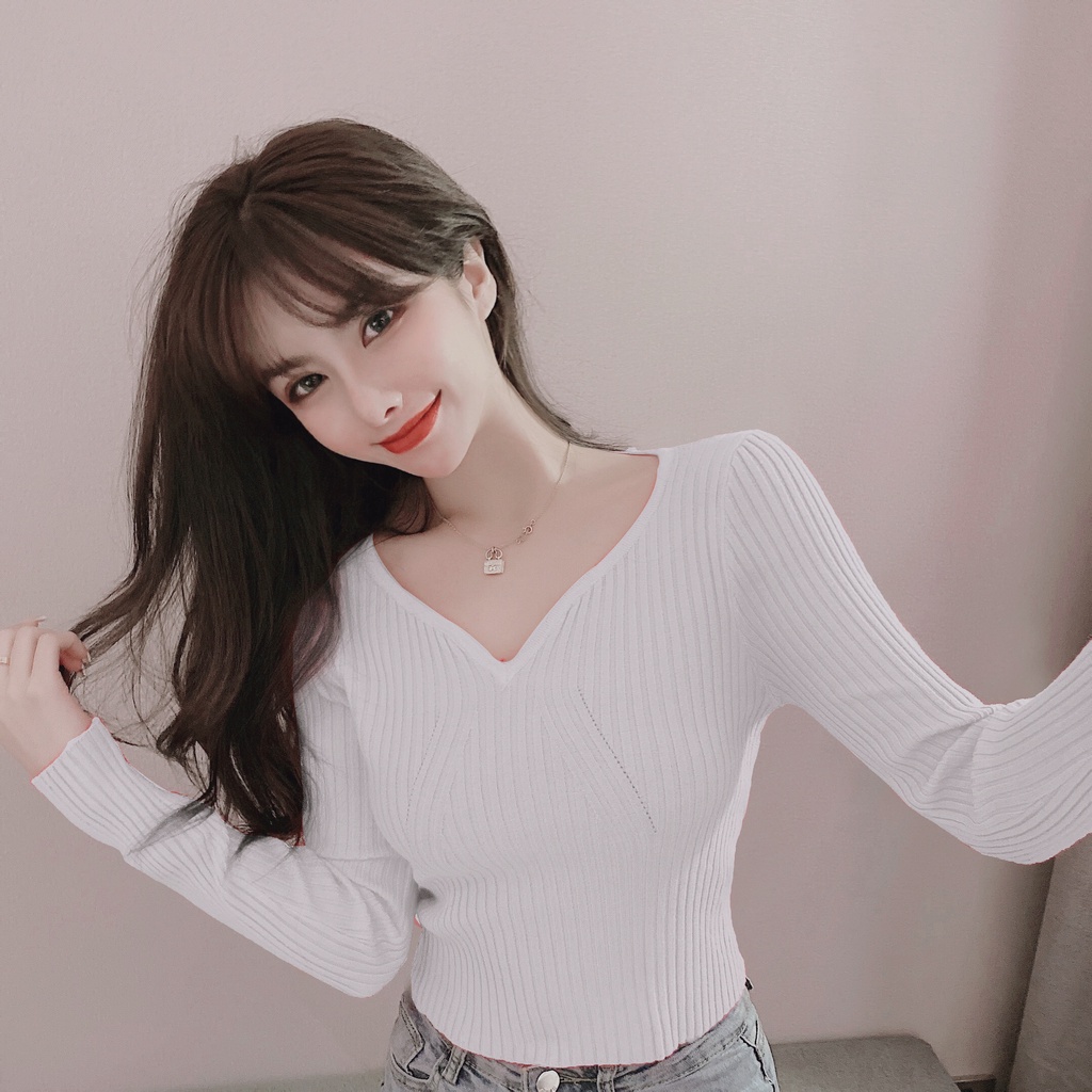 Áo dệt kim tay dài cổ chữ V thời trang xinh xắn nhiều màu tùy chọn cho nữ