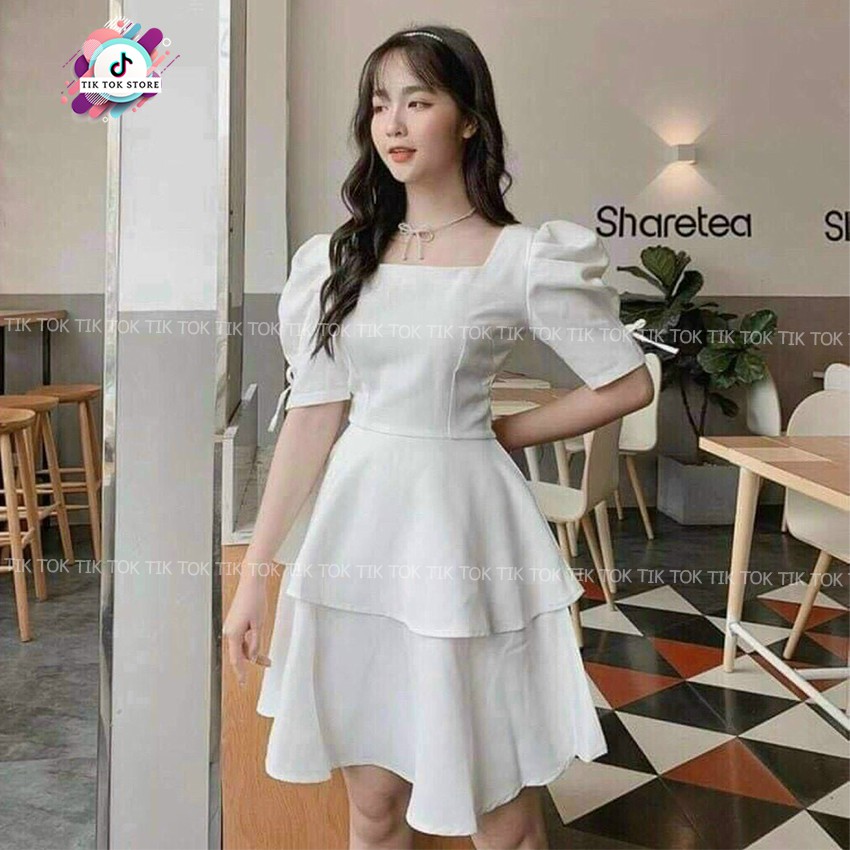 Đầm cổ vuông tay phồng, váy tay bồng kết nơ tay TIK TOK STORE | BigBuy360 - bigbuy360.vn