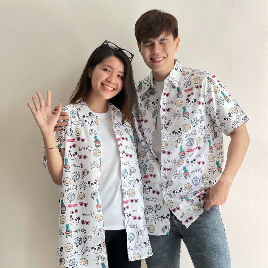 Áo Sơ Mi Nam Nữ Ngắn Tay Cổ Bẻ 247 In Họa Tiết Chú Gấu Mắt Kính Mặt Vui Chất Vải Thoáng Mát  Mẫu Siêu Cute - Hazo