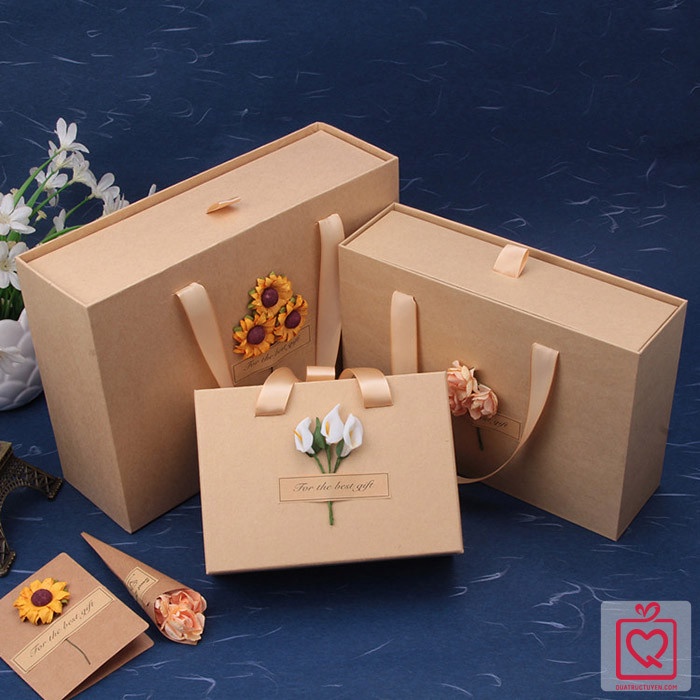 Hộp quà kraft kiểu túi xách combo kèm rơm lót và thiệp vintage - Hộp quà sinh nhật, kỷ niệm