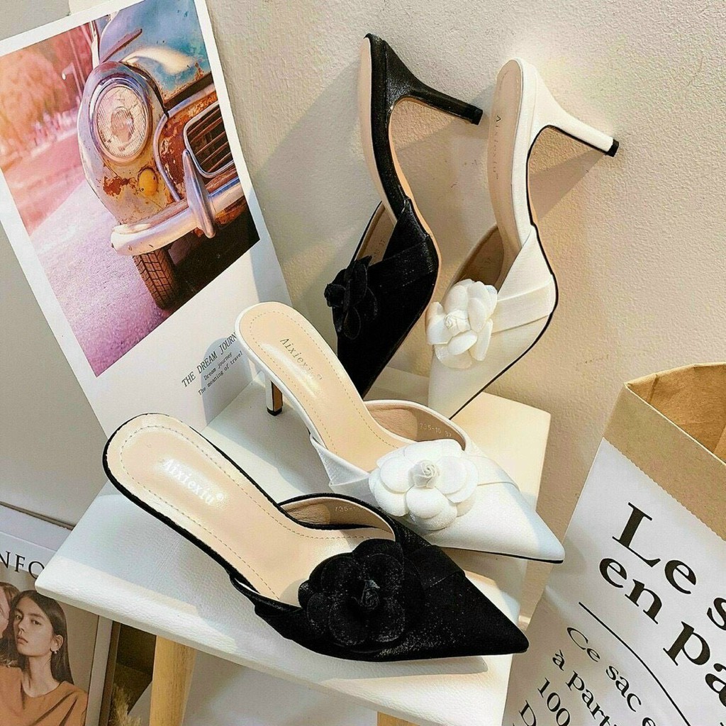 Giày guốc nữ phối nơ hoa phong cách tiểu thư điệu đà