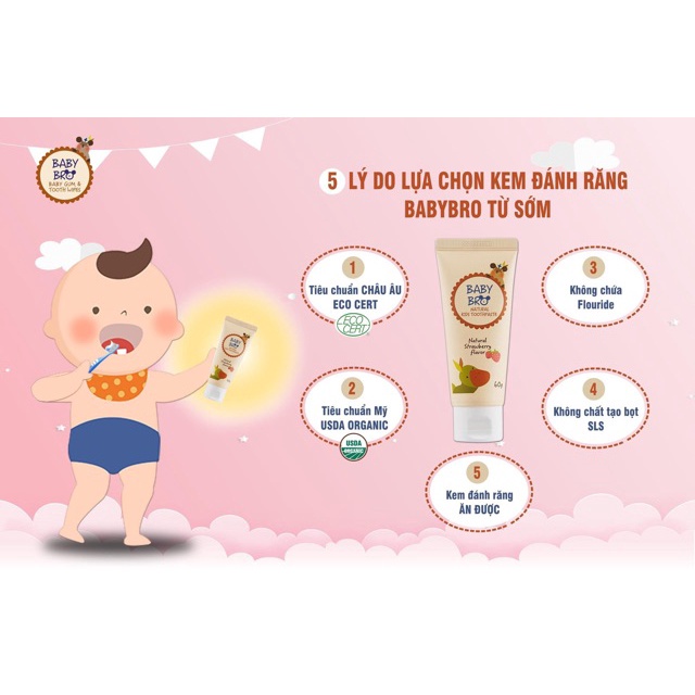 Kem đánh răng hữu cơ Baby Bro nuốt được cho trẻ em 60g