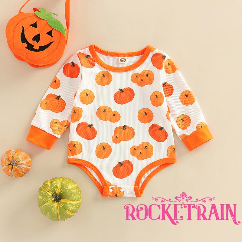 Áo Liền Quần Dài Tay Cổ Tròn Họa Tiết Bí Ngô Halloween Cho Bé