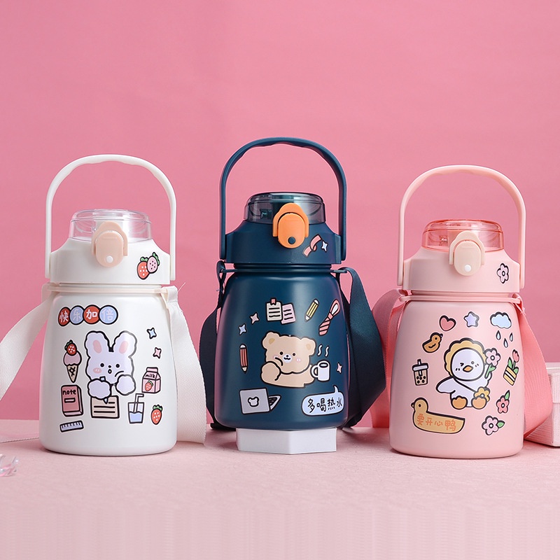 Bình nước giữ nhiệt 900ml có ống hút trang trí rất cute (B9002)