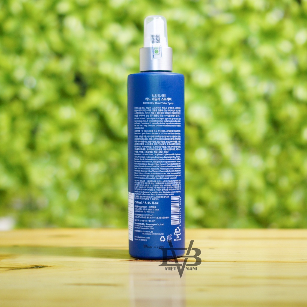 Gôm xịt tóc BRITISH M Hard Tailor Spray - Không nặng tóc, tạo kiểu tóc dàng cho nam nữ BRITISH M Hard Tailor Spray 250ml