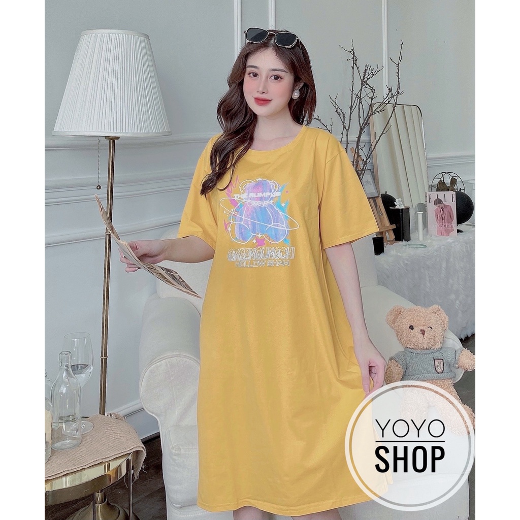 Đầm dáng suông bầu thun thái form rộng dưới 70kg the rump vàng YoYo