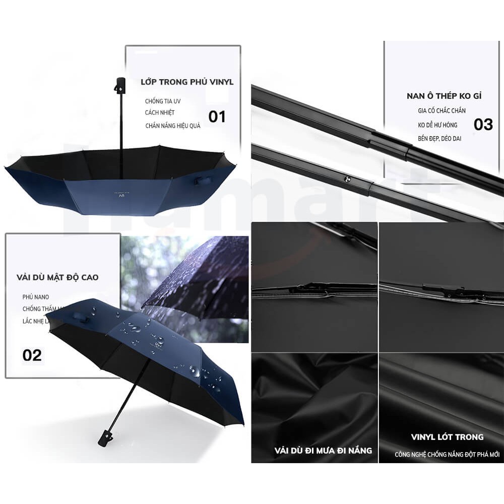 Ô Che Nắng Mưa Chống Tia UV Dù Tự Động Mini Dù Che Mưa Phủ Vinyl Chống Thấm Cao Cấp