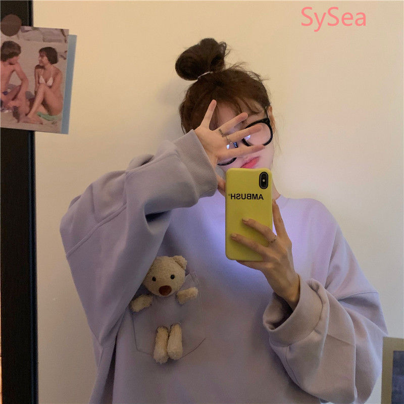 Áo tay dài dáng rộng trang trí túi có hình gấu dễ thương dành cho nữ