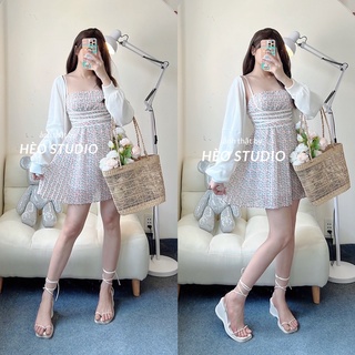 Set Đầm Hoa Đan Eo Kèm Áo Khoác Hèo Studio (Ảnh Thật)