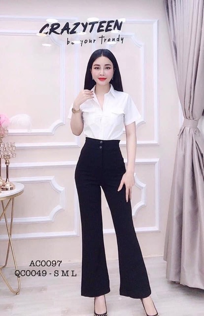Quần ống loe 2 khuy KH102, quần suông dài ống vẩy cạp cao cho nữ