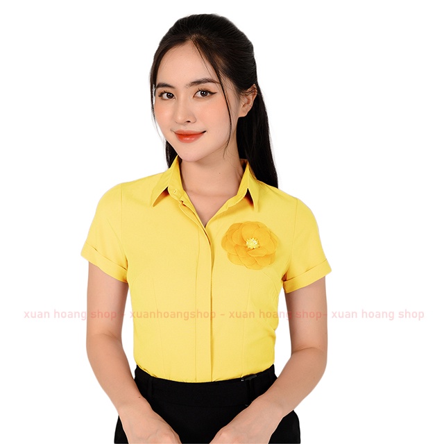 Áo Sơ Mi Nữ Cộc Tay Công Sở Đẹp Mc Fashion, Size Đủ, Chất Liệu Lụa Mát, Màu Hồng, Trắng, Vàng, Có Hoa Cài Ngực A650