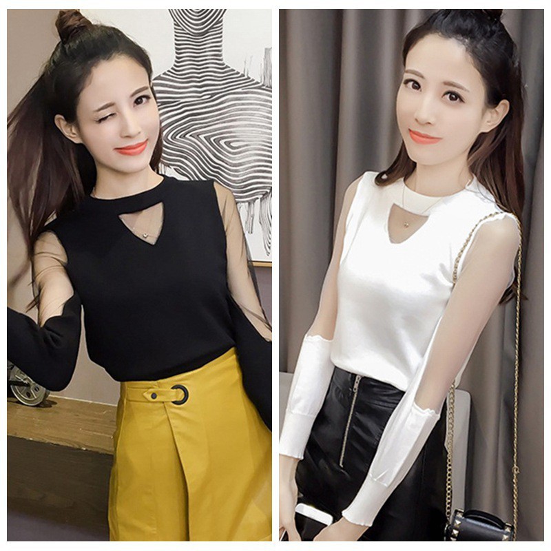 Áo tay dài phối lưới cổ chữ V thời trang cho nữ | BigBuy360 - bigbuy360.vn