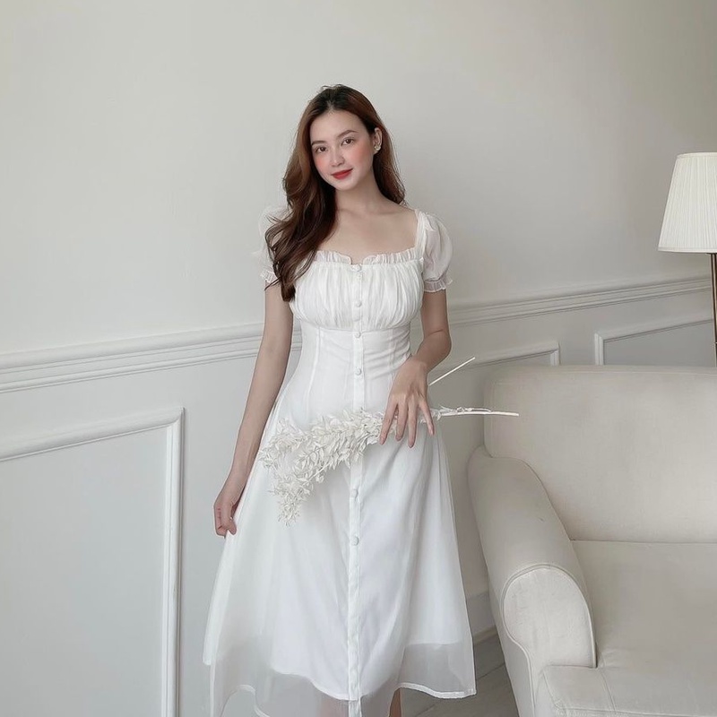 [Ảnh thật] Đầm trắng cổ vuông nhún ngực nút bọc viền bèo tay phồng