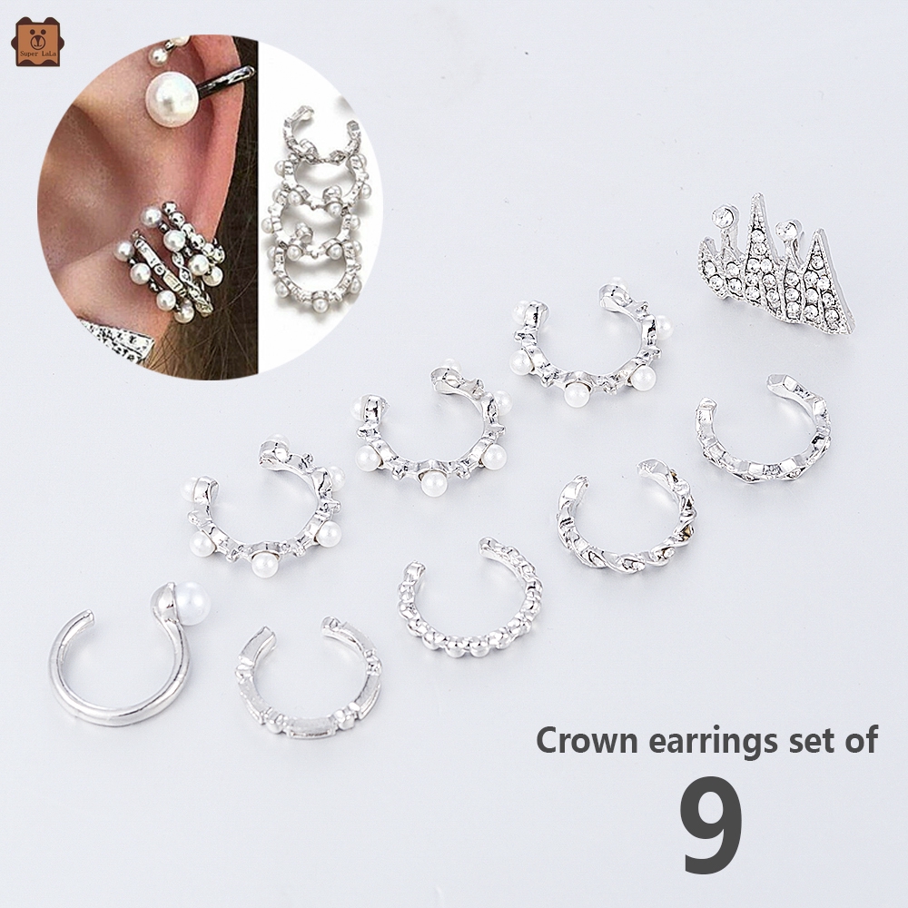 Bộ trang sức 9 bông tai thiết kế đơn giản thanh lịch đính hạt trắng phong cách Boho