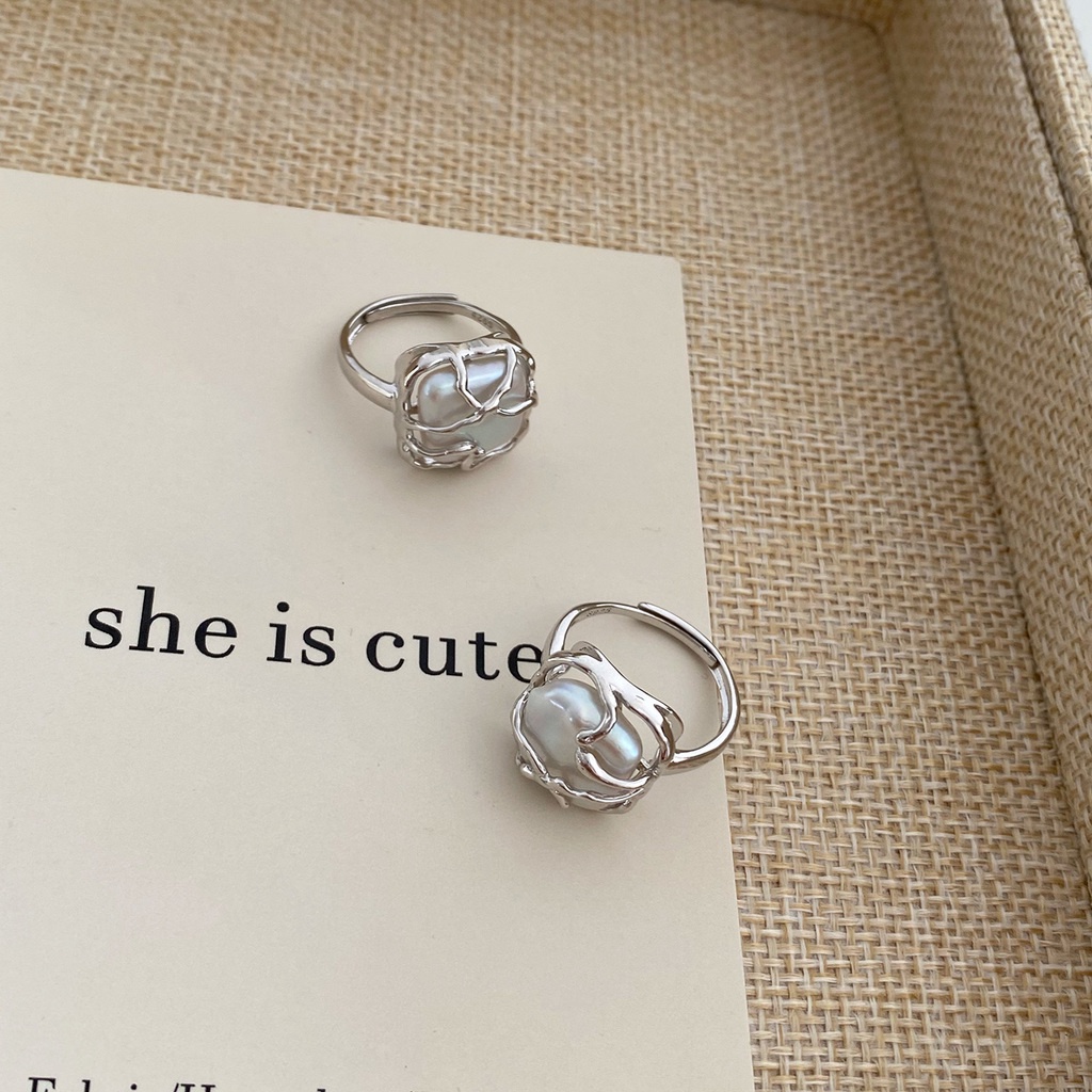 Nhẫn Hở Đính Ngọc Trai Hình Vuông Sang Trọng Phong Cách Hàn Quốc Cổ Điển