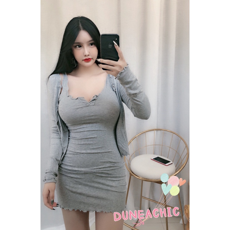 DUNEA Set Đầm Hai Dây Phối Áo Khoác Cardigan Mỏng Thời Trang Thanh Lịch Quyến Rũ Cho Nữ