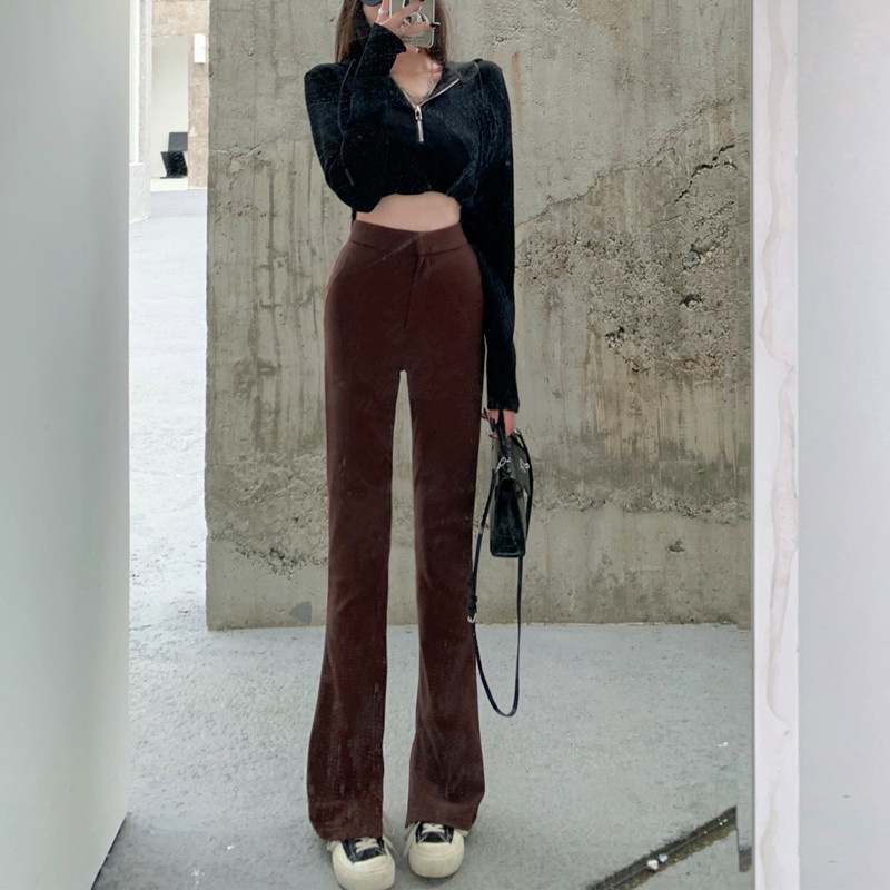 Quần dài sát đất ống thẳng xẻ tà lưng cao dáng rộng thời trang thu đông dành cho bạn nữ