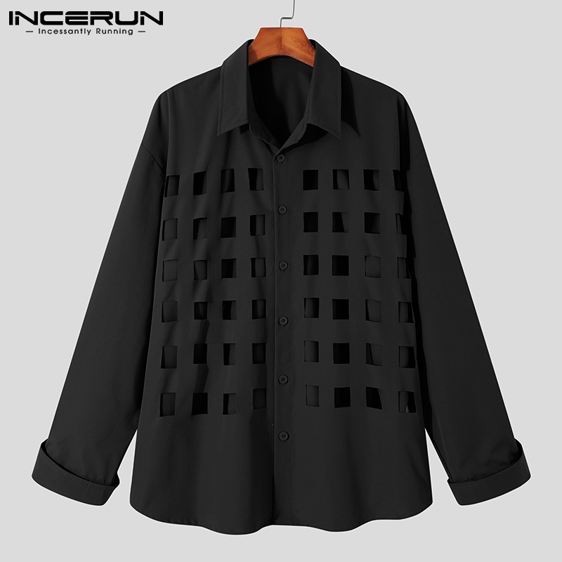 Áo sơ mi INCERUN tay dài cổ bẻ khoét lỗ 2 màu sắc tùy chọn thời trang dành cho nam