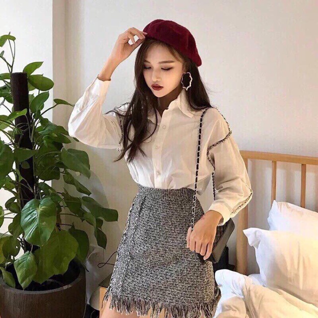 Chân váy dạ tua rua