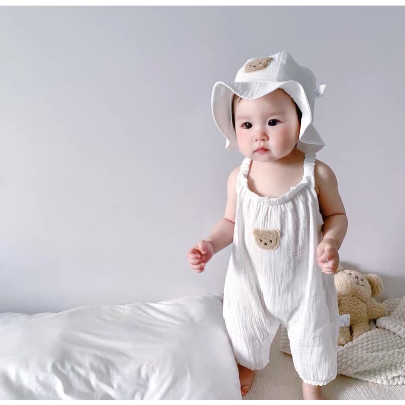 Body - Romper xô muslin trắng kem gấu thêu - mũ 6 mảnh gấu ycho bé