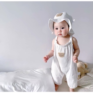 Body - Romper xô muslin trắng kem gấu thêu - mũ 6 mảnh gấu ycho bé