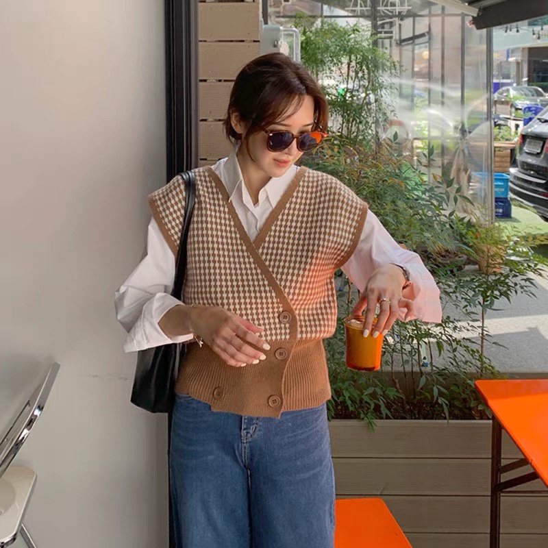 Áo gile kẻ caro phối cúc Forgirl kiểu dáng Hàn Quốc hiện đại