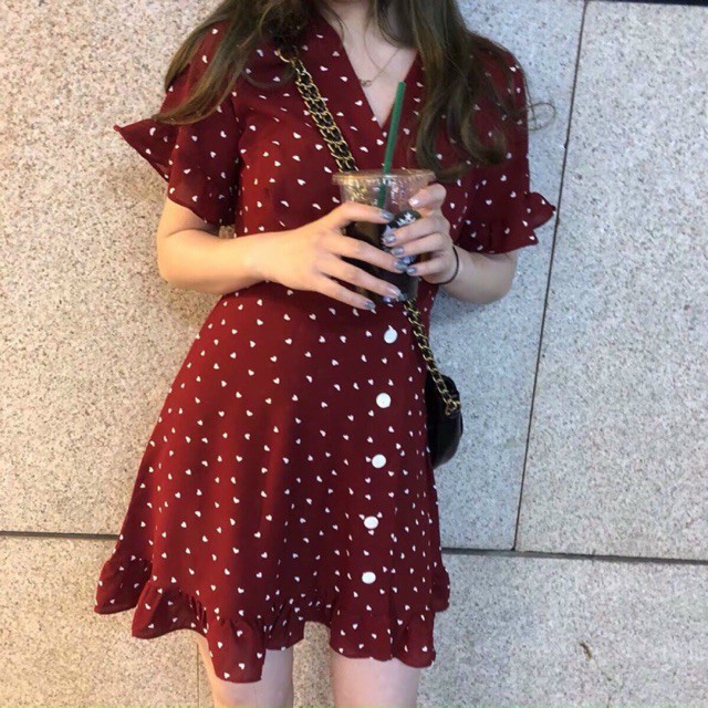 Đầm katevoan đỏ đô bi tim nút lệch đuôi cá cổ tim xinh xắn