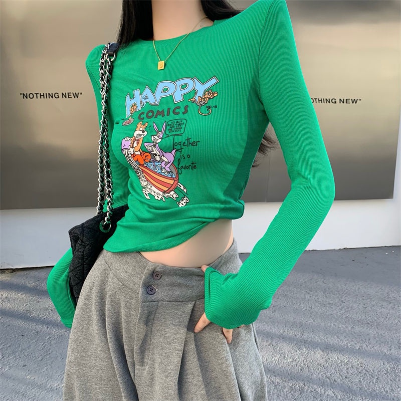 Jiashucheng Áo Thun Ngắn Mỏng Dáng Ôm In Họa Tiết Phong Cách Phương Tây Thời Trang Thu Đông Dễ Phối Đồ Dành Cho Bạn Nữ @ -