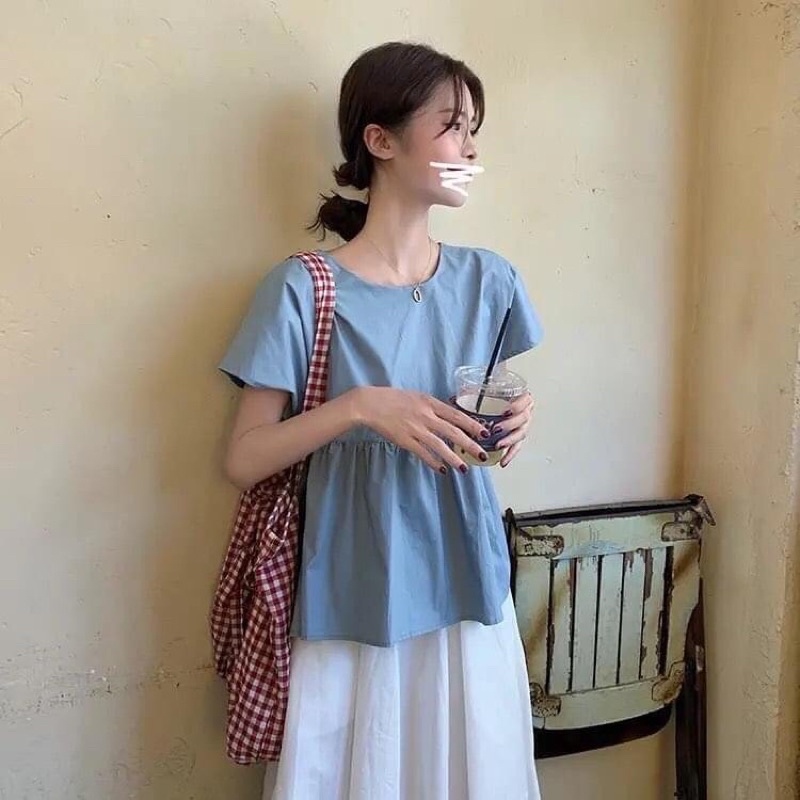 Sale xả kho Set áo babydoll xanh và chân váy dài vintage