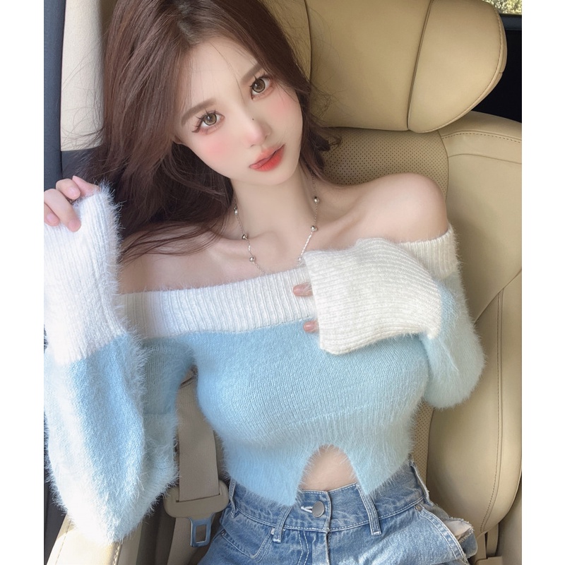 Áo Dệt Kim Tay Dài Trễ Vai Thiết Kế Ôm Sát Hợp Thời Trang