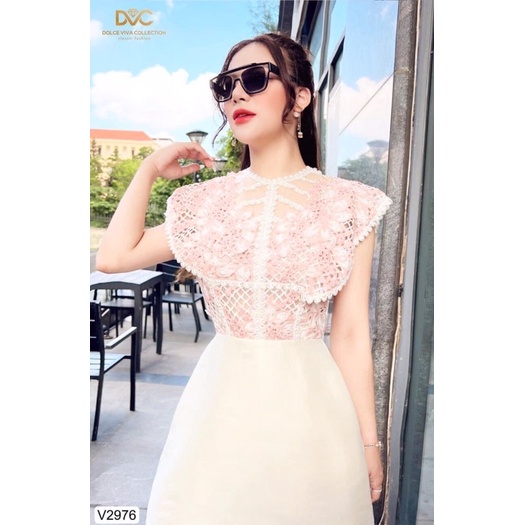 V2976 váy ren dáng chữ A màu hồng và màu be sữa