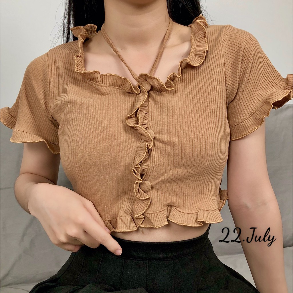 Áo Croptop buộc dây ngực viền bèo, có nút bọc gỡ được, có thể làm áo khoác