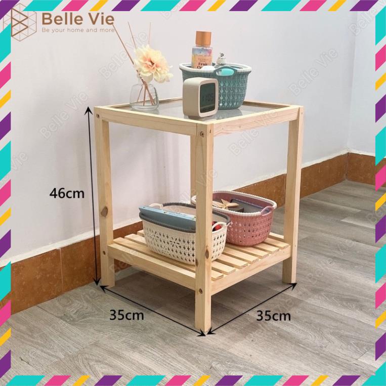 Kệ đầu giường, Tab mặt kính cường lực. Chất liệu gỗ thông tự nhiên 100%, dễ lắp ghép