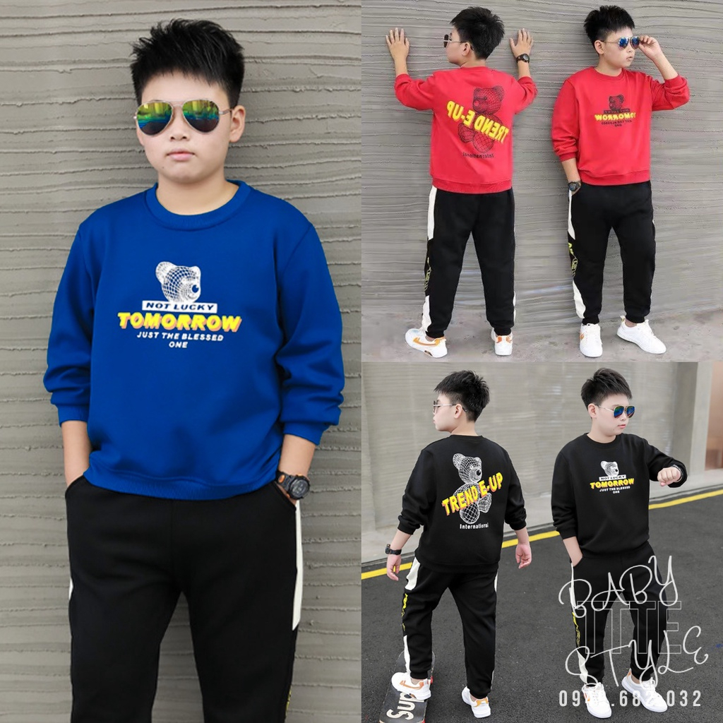 Bộ quần áo thu đông dài tay 14-45kg cho bé trai từ 4-14 tuổi. Thiết kế đẹp, năng động. Hàng may kỹ. B30