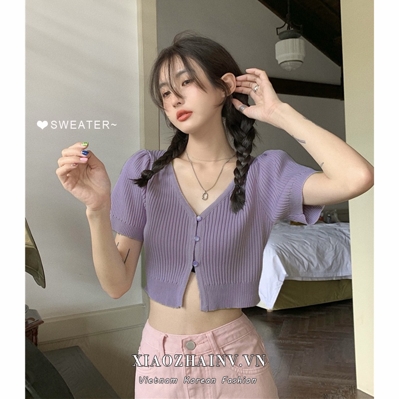 Áo sweater dệt kim Xiaozhainv tay ngắn phồng cổ chữ v 3 màu lựa chọn phong cách vintage thời trang cho nữ